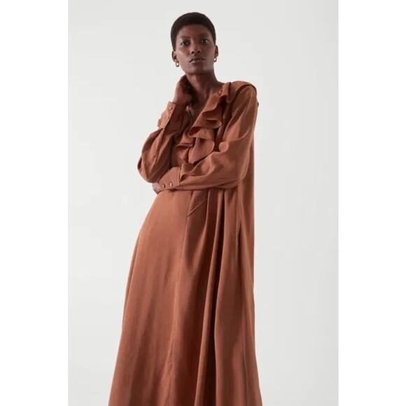 COS Allmira Dress Ruffled V-neckline Maxi Women's Size 4 Brown‎ Fall - Picture 1 of 13